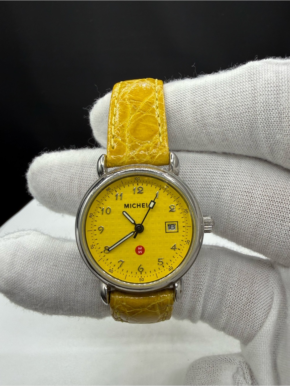 Michele Vintage Yellow Grid Dial Genuine Leather Strap Watch
